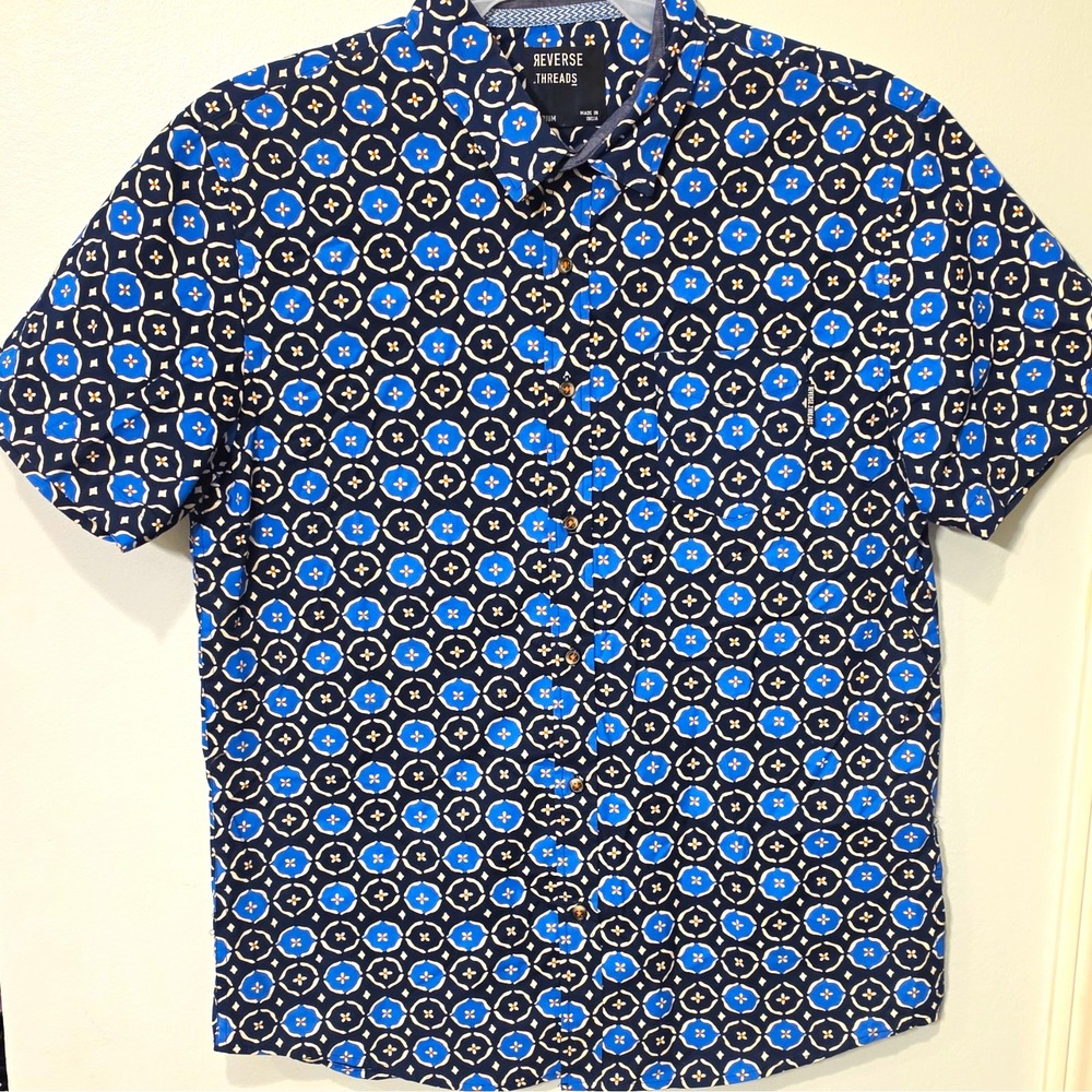 Reverse Threads Men's Woven Cotton Geometric SS Button-Up Spread Collar M #416